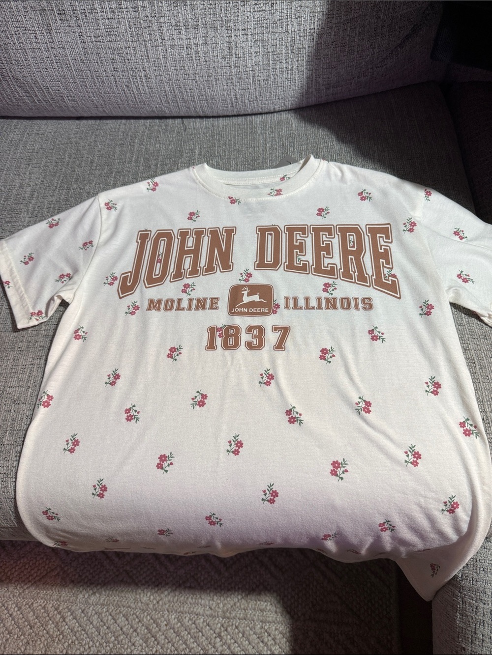 NWT John Deere White Short-Sleeve Tee with Pink Floral and Brown Logo